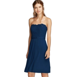 David’s Bridal Navy Blue Short Scalloped Strapless Lace Mesh Dress
